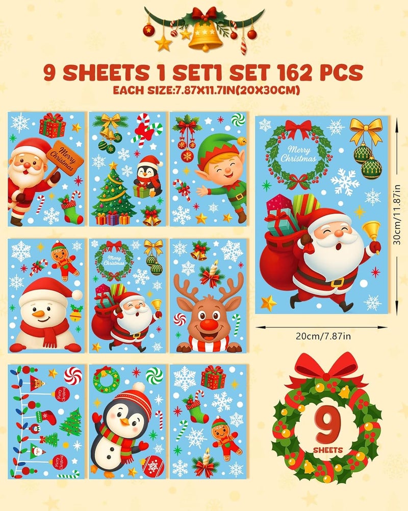 JMHACHY Christmas Window Clings - 9 Sheets 162 Pcs Cute Xmas Decorations for Winter Holiday Home Party Santa Reindeer Snowman Gingerbread Snowflake Stickers for Glass Double-Sided Static Window Decals - Image 2